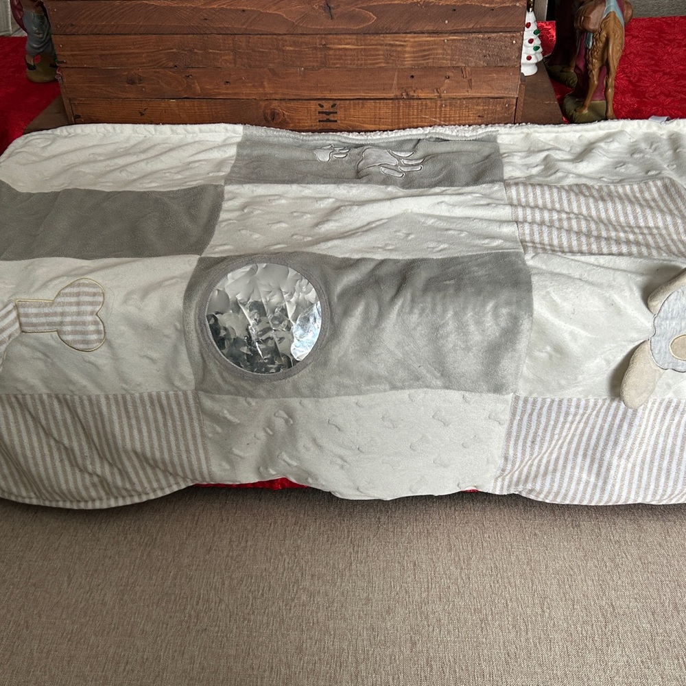 Gray and Cream Patchwork Dog Blanket with built in Toys